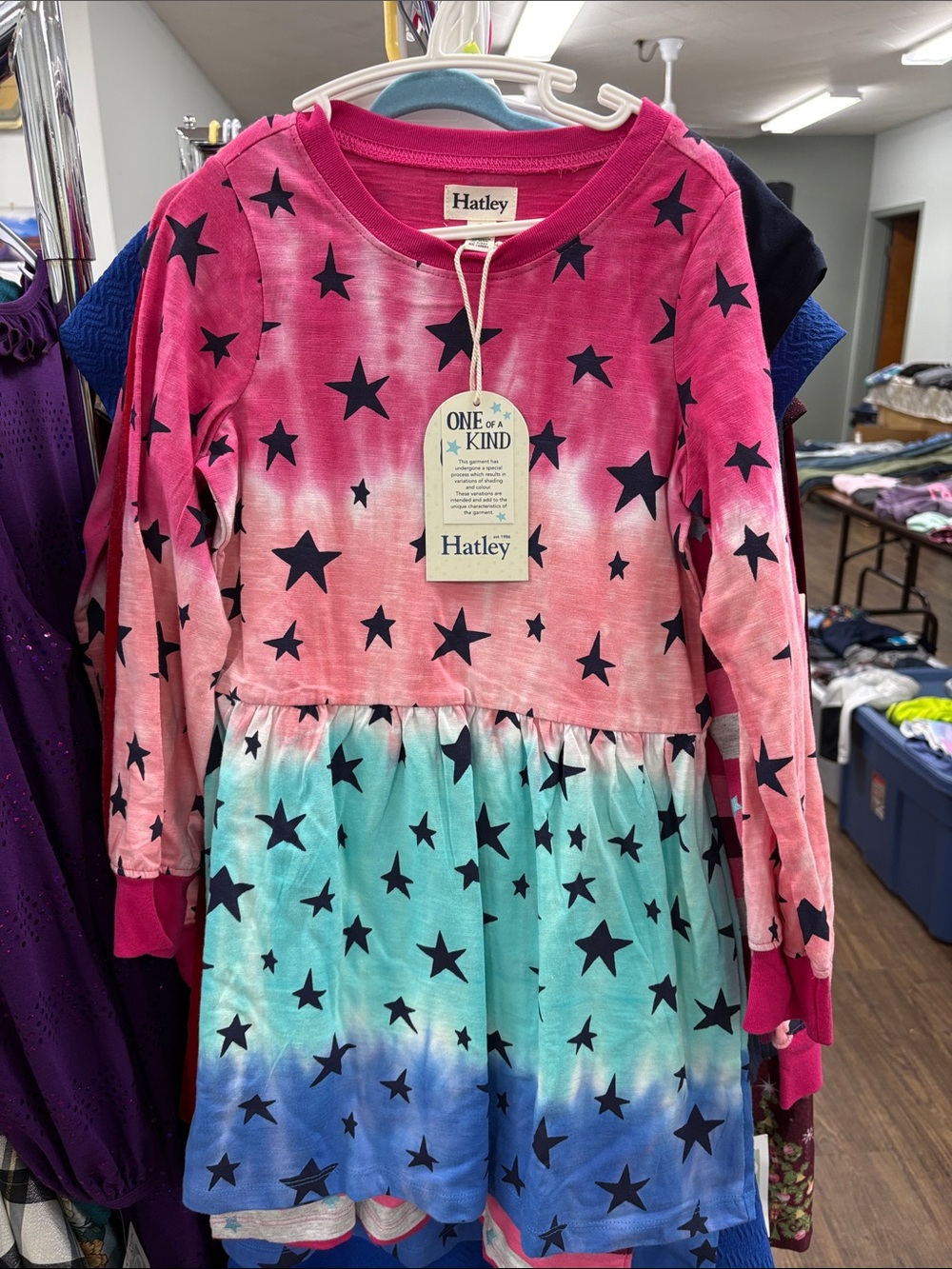 Hatley Pink Aqua Blue Star Tie-Dye Long Sleeve Dress